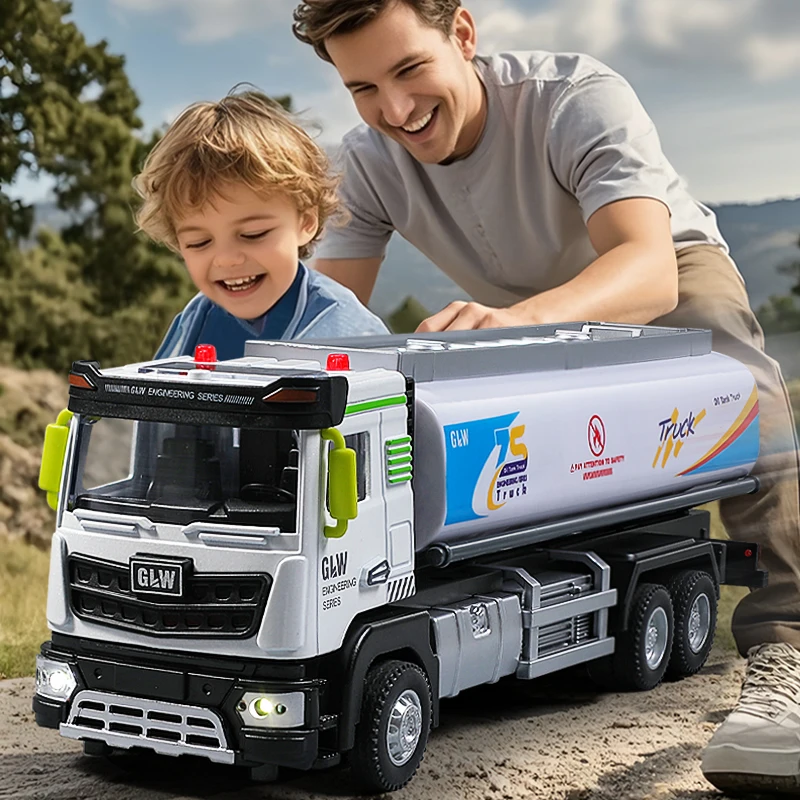 1:40 도시 오일 탱크 트럭 가솔린 자동차 소리와 빛 모델 운송 차량 합금 + 플라스틱 다이 캐스트 장난감 어린이 컬렉션 선물