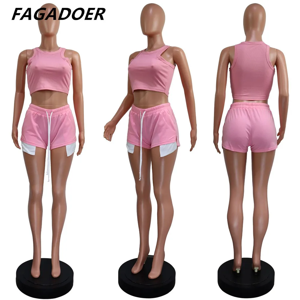 FAGADOER Summer Solid Color Sporty Two Piece Sets Women Sleeveless Crop Top + Skinny Shorts Tracksuits Female 2pcs Outfits 2023