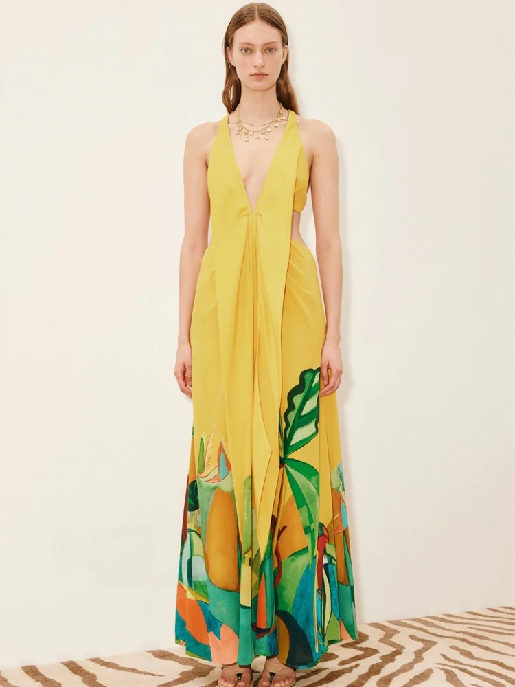 

Susan Australian Plant Print Halter Neck Silk Sleeveless Dress Vacation Style Citywalk Date Party Evening Gown Women's Dress