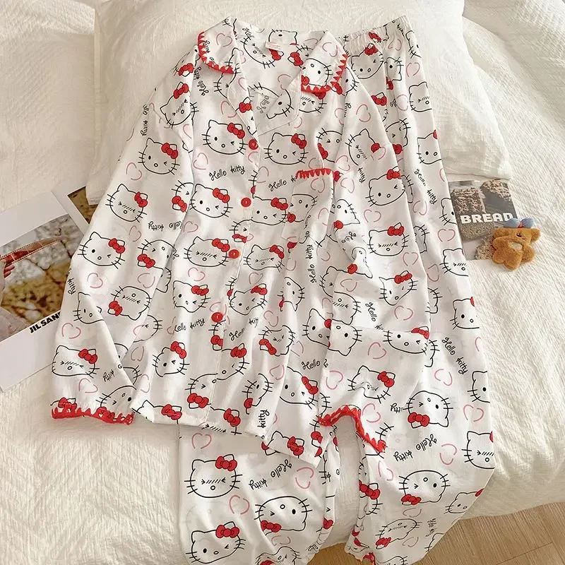 

Женский осенне-зимний хлопковый пижамный комплект Hello Kitty с отделкой гребешком, брюки с длинными рукавами, уютная домашняя одежда с мультяшным принтом