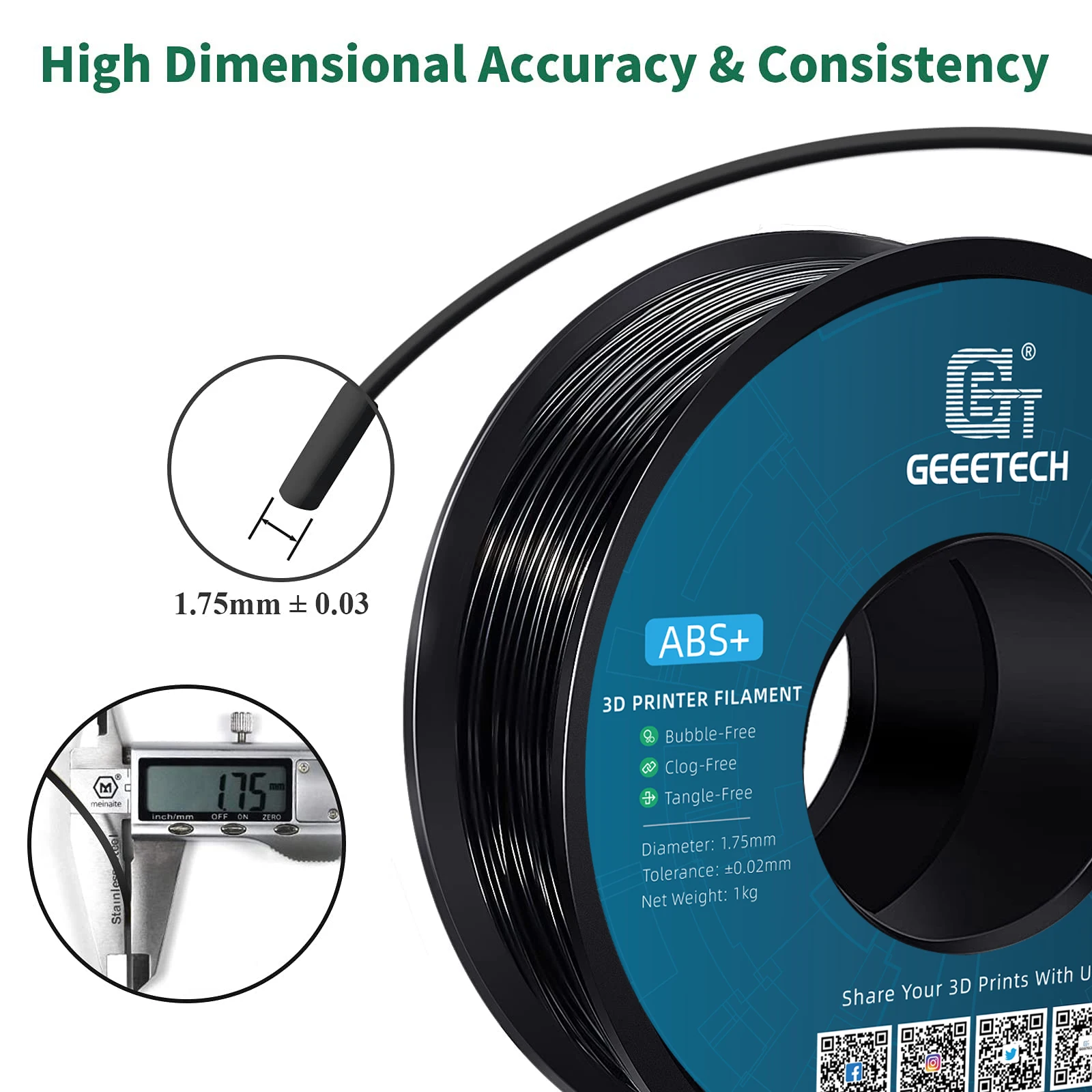 Filament Geeetech ABS+ 3D 1.75mm 1KG, plastik do drukarek 3D, bez plątania, nietoksyczny, pakowany próżniowo, biały, czarny — zdjęcie produktu 2