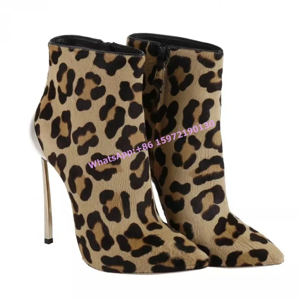 

Bud Heels Ankle Boots Horsehair Leopard Pointy Toe Thin Heels Slip On Concise Women's Sexy Boots Fashion Party Winter Shoes 2025