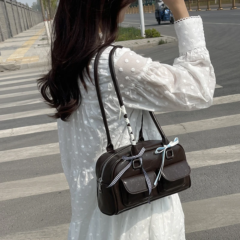 Small Double Pockets Shoulder Bags For Women 2024 Spring New Fashion Trend Designer Ribbon Underarm Bag Females Handbags