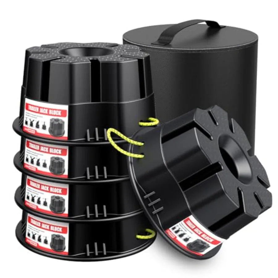 

4 Pack Trailer Jack Block for RV Leveling, Heavy Duty Black Polyethylene, 6 High, 40000 lbs Capacity, Stackable Stabilizer Bloc