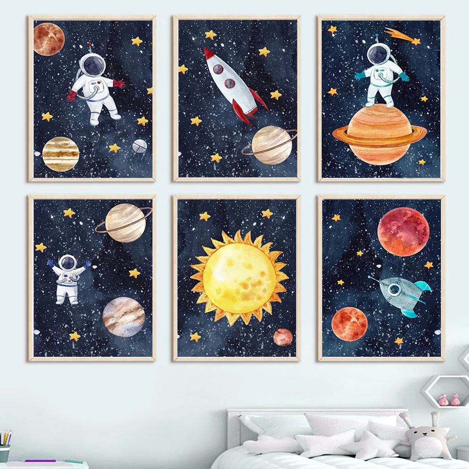 Space Planet Rocket Astronaut Star Sun Moon Wall Art Canvas Painting Nordic Poster And Prints Wall Pictures Baby Kids Room Decor