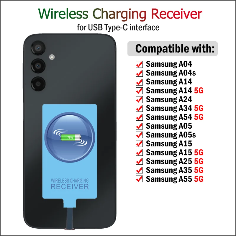 Wireless Charging Receiver for Samsung Galaxy A04 A04S A14 A24 A34 A54 A05 A05S A15 A25 A35 A55 5G USB Type-C Charger Adapter