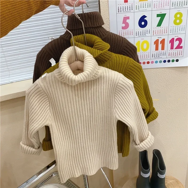 Kids Sweaters Solid Boys Pullover Turtleneck Knitwear Autumn Winter Boys Girls Strip Clothes Baby Turtleneck Stretch Sweater Top