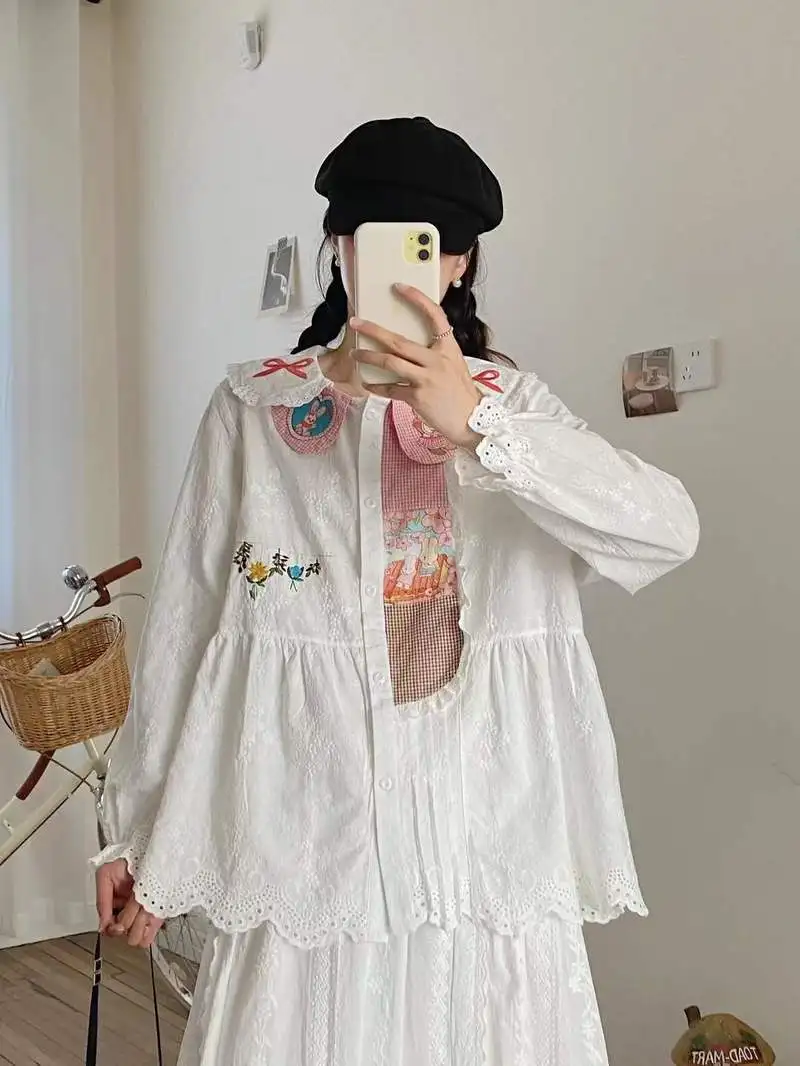 Japanese Sweet Mori Girl Cartoon Bear Floral Embroidery Plaid Shirts Women Cute Peter Pan Collar Long Sleeve Casual Blouse Tops
