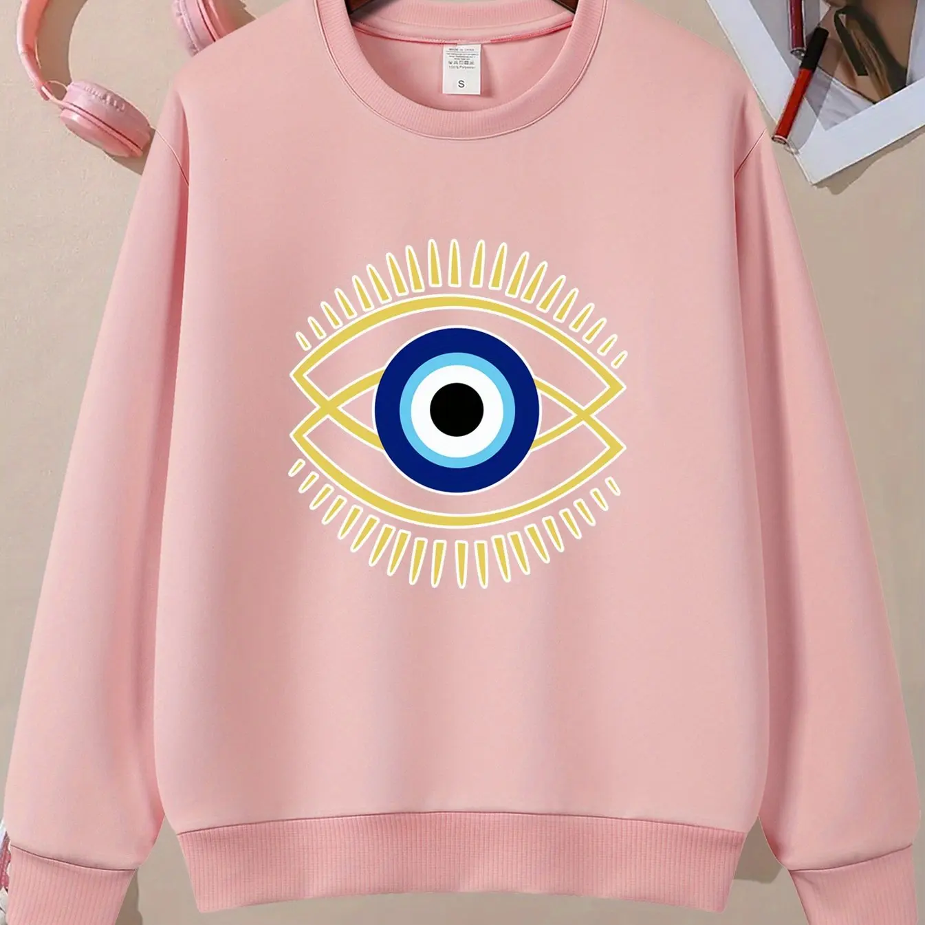 Vibrant Evil Eye Print Long Sleeve Crew Neck Sweatshirt Soft Casual Comfy For Fall Spring Women\'s Fashion Clothing Everyday Wear