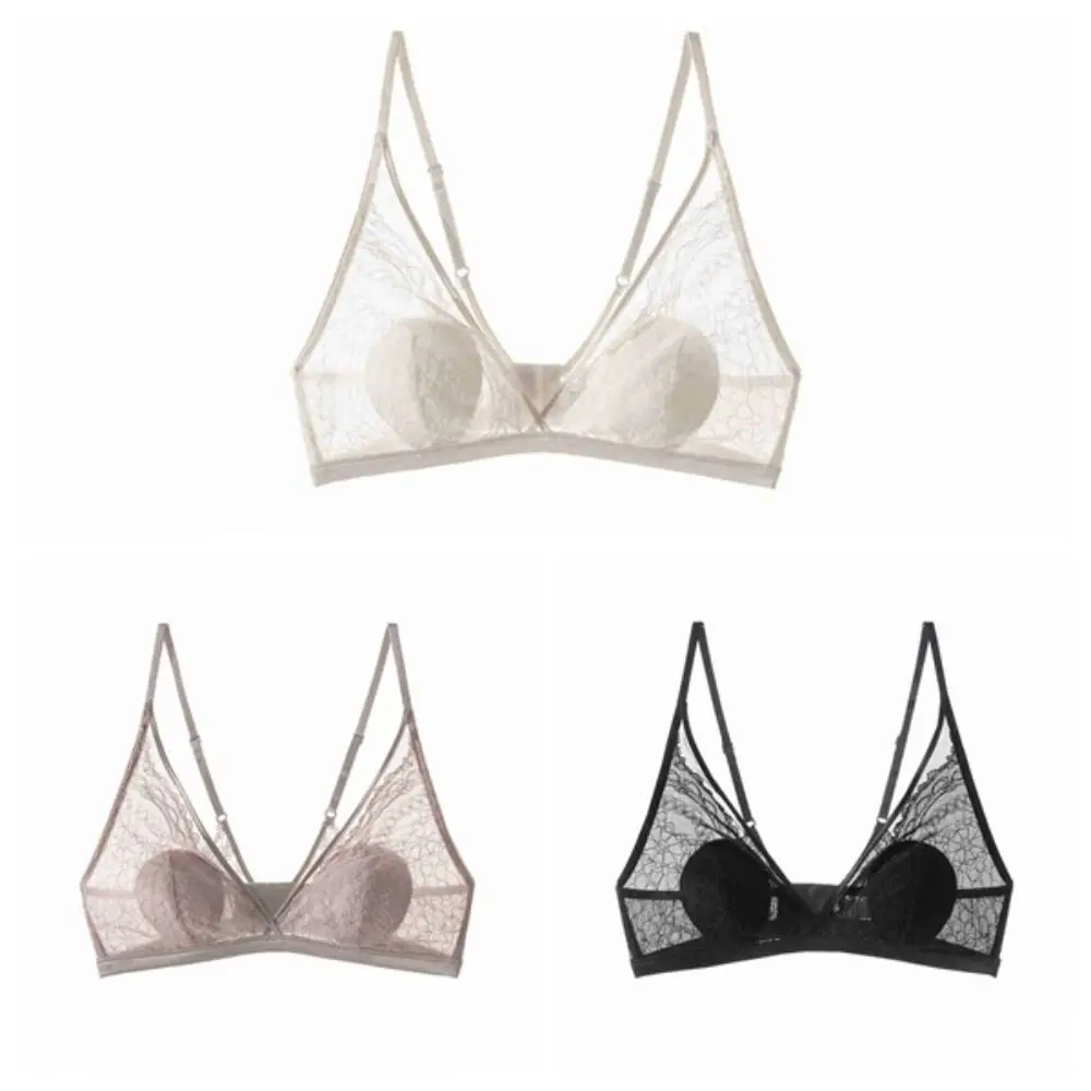 Sujetador de malla de encaje a la moda sin aros con escote en V profundo, sujetador transparente a prueba de golpes para mujer, ropa interior push-up ajustable antiflacidez, regalos