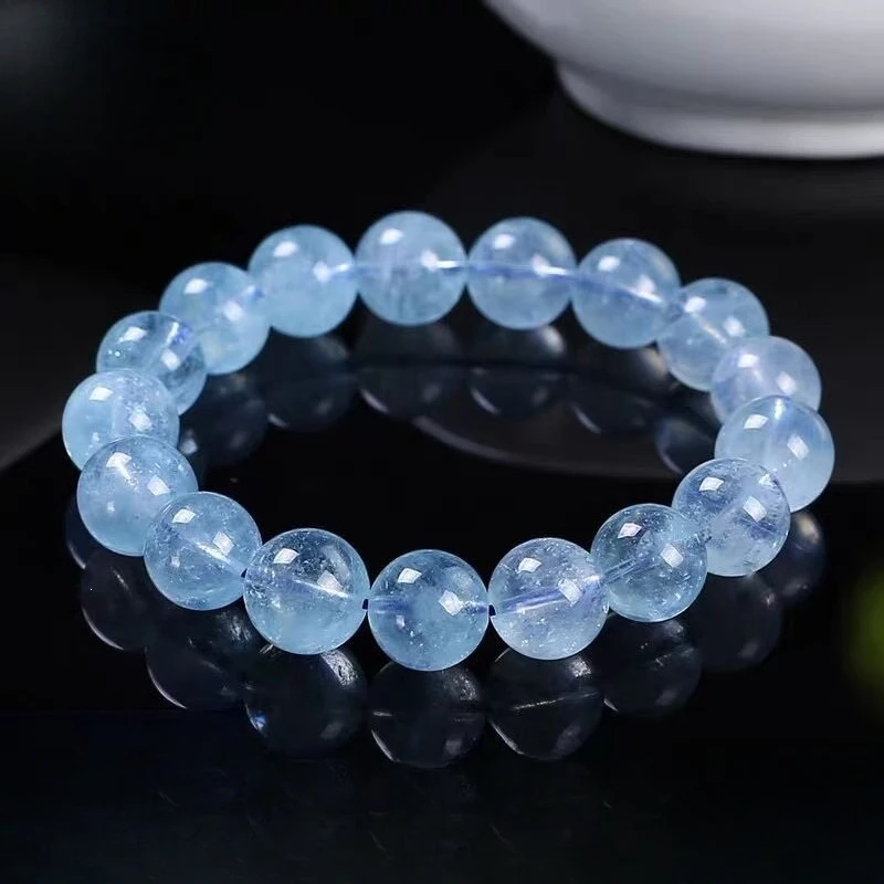 Natural Brazil Aquamarine Round Bead Bracelet 7A Blue Gemstone Single Wrap Bangle March Birthstone Healing Crystal Jewelry Gift