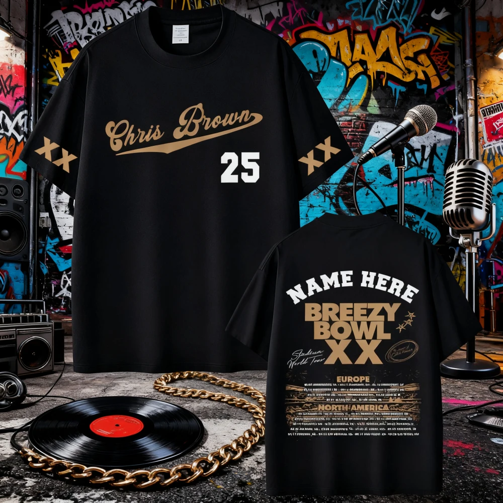

2025 Summer Rapper Chris Brown Cool Bowl XX Tour T-shirt Men's Fashion Hip-hop Street Cotton Short-sleeved Casual Loose T-shirt