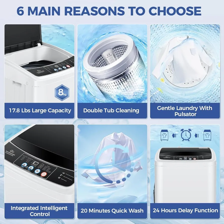 Portable Washing Machine 17.8Lbs Capacity with Drain Pump 2.4Cu.ft Full-Automatic Compact Washer Featuring 10 Wash Programs and