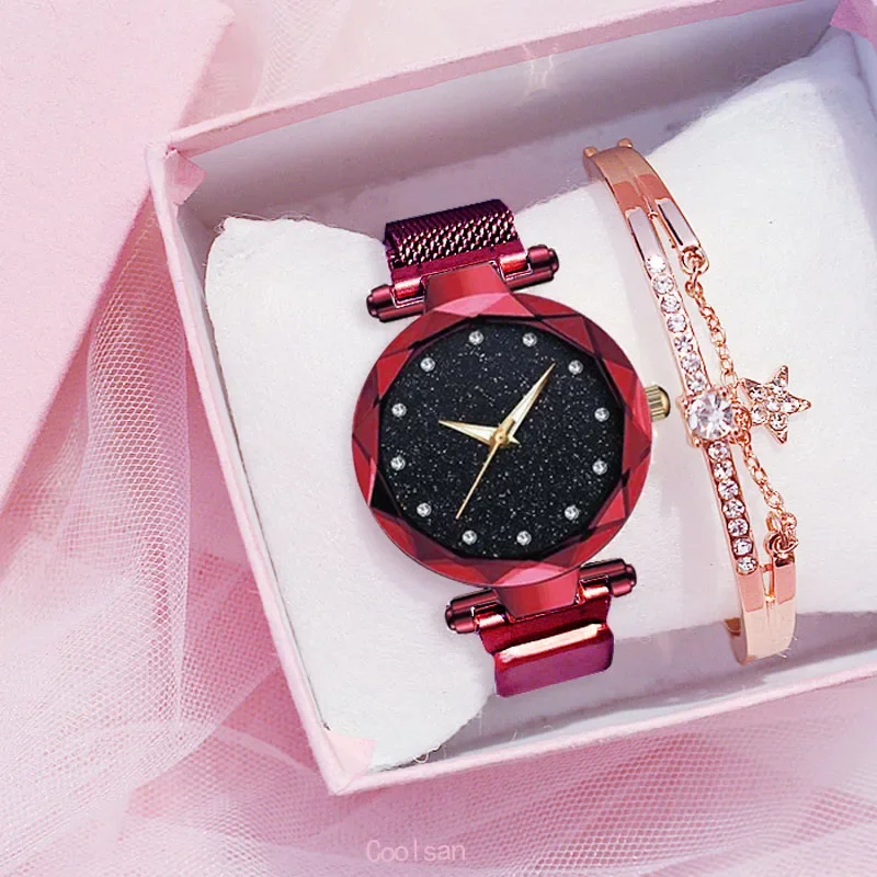 Reloj de cielo estrellado para mujer, pulsera elegante con hebilla magnética, Vibrato de oro púrpura, relojes de lujo