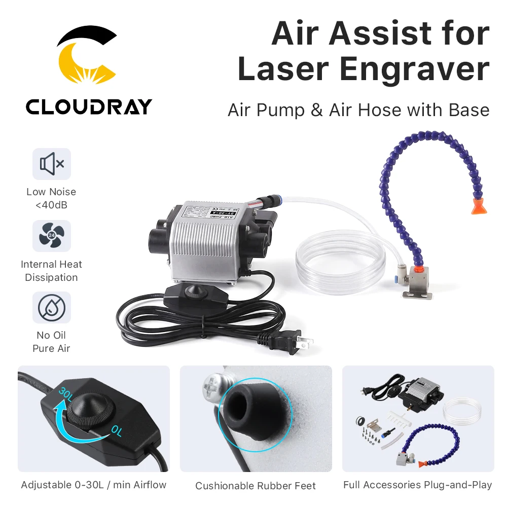 Cloudray 16W Adjustable 30L/min Air Assist Pump with Flexible Air Hose for CO2 Fiber Laser Engraver Marking Machine