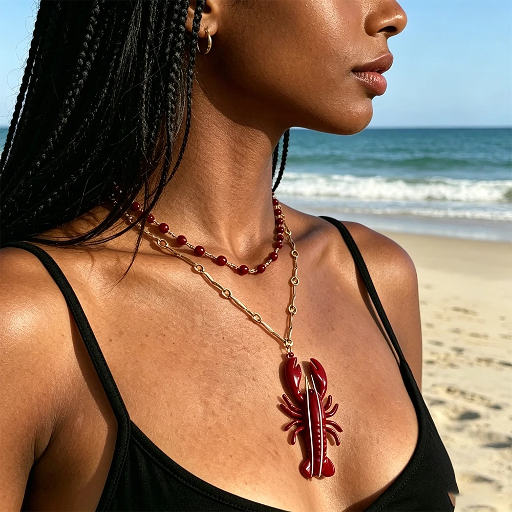 

2Pcs/set Vintage Red Lobster Pendant Necklace for Women Boho Style Statement Jewelry Holiday Party Neck Accessories