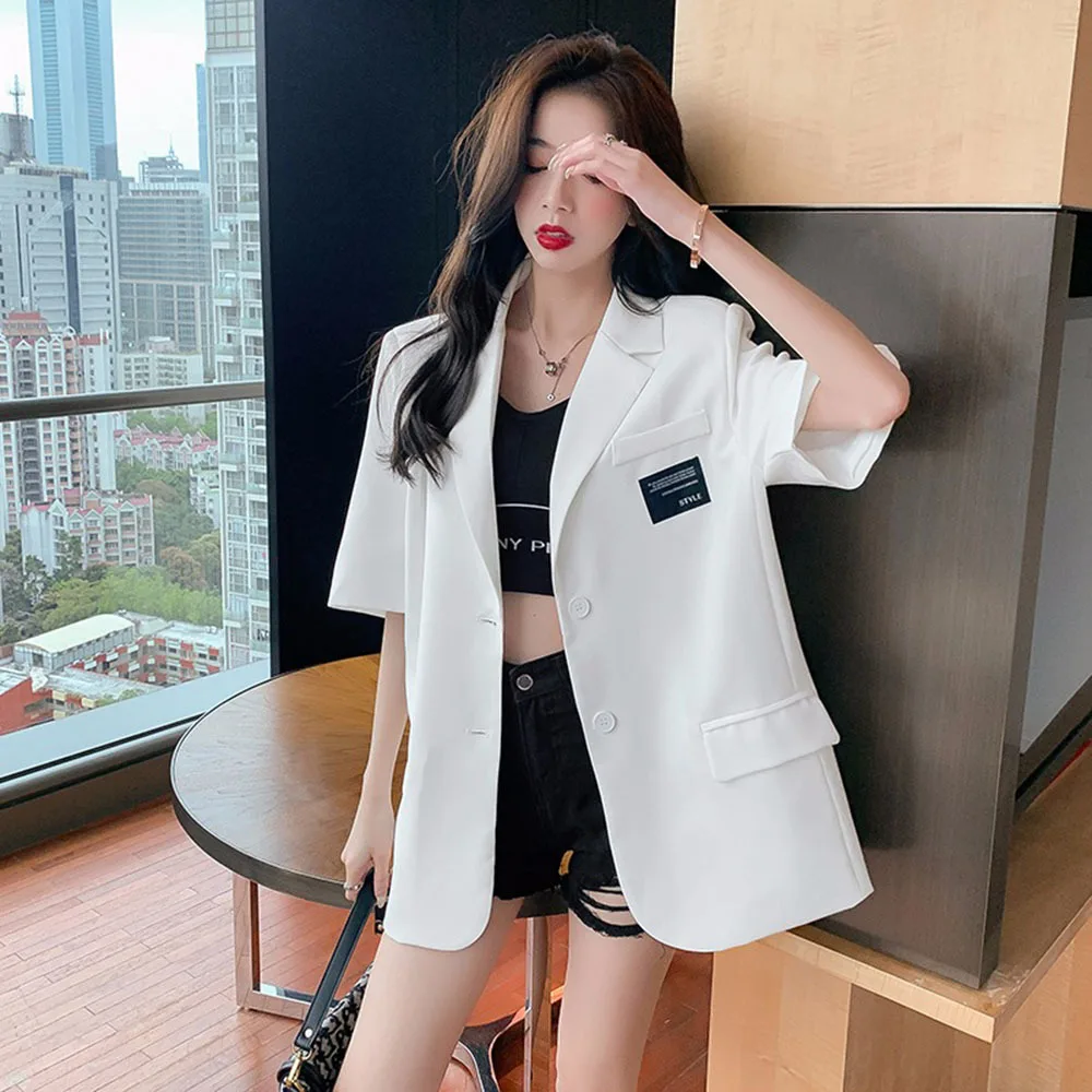 Summer Women Suit Jackets Oversized Short Sleeves Blazer Mujer Jacket Korean Fashion Coats Cardigans Thin Tops Buttons Pockets