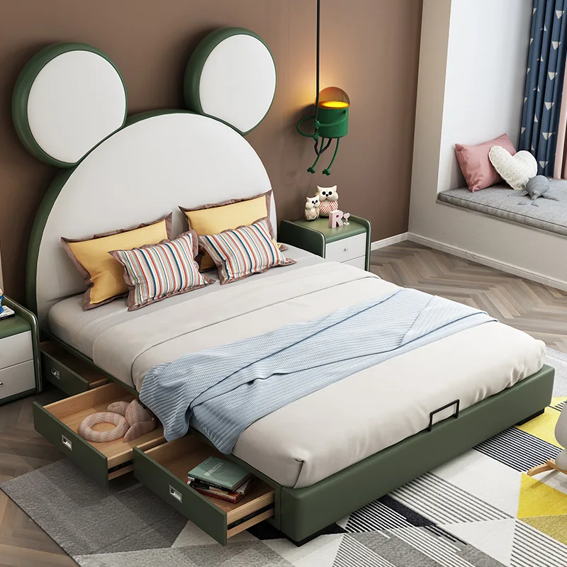 Children's bed princess double  modern simple single rabbit  cartoon boys and girls leather luxury furniture room