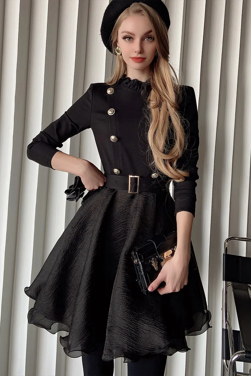 

Dabuwawa Spring Autumn Female Trend Effortless Chic Long Sleeve Double Breasted Belt High Waist Ball Gown Dresses 2023 DF1CDR043