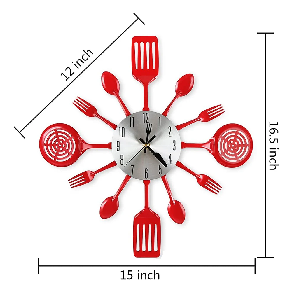 16 Inch Large Kitchen Wall Clocks with Spoons and Forks,3D Tableware Wall Clock Room Home Decoration(Red)