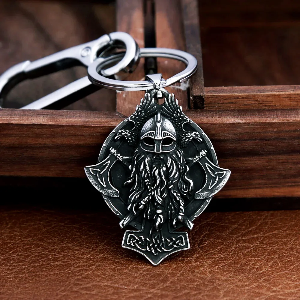 Retro Norse Warrior Double Axe Odin Raven Keychain Stainless Steel Gothic Carabiner Hook For Men Backpack Car Trendy Accessory