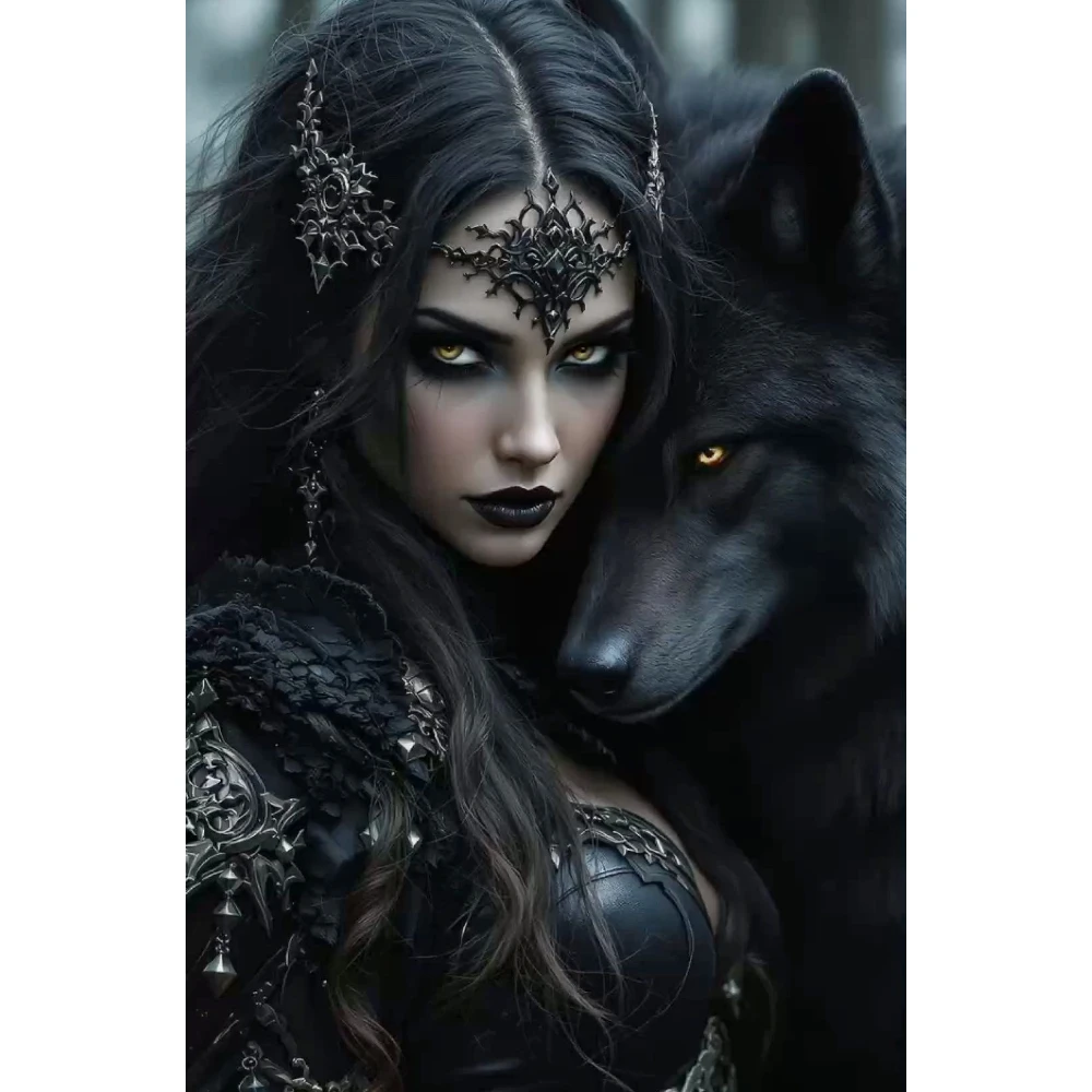 

Gothic Lady Black Wolf Portrait 500/1000/1200/2000 PCS Jigsaw Puzzles Family Activity Games for Gameroom Bedroom Home Decor Gift