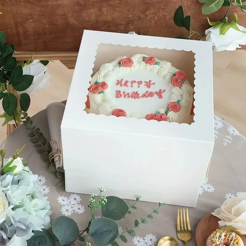 3/5 قطعة المتاح الأبيض كعكة عيد ميلاد صناديق الورق الراقية نافذة نمط قوي لا تشوه بسهولة موجة الدانتيل كعكة صندوق تخزين