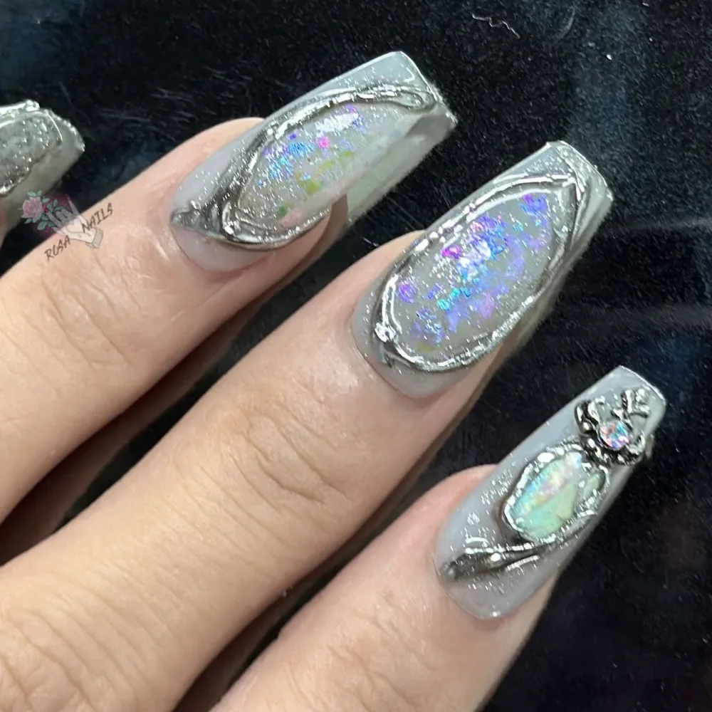 Fake Nails y2k Rainbow Discoloration Effect Handmade Tips Shine Chameleon Flakes Hologram Mirror Manicure Gothic Press on Nails