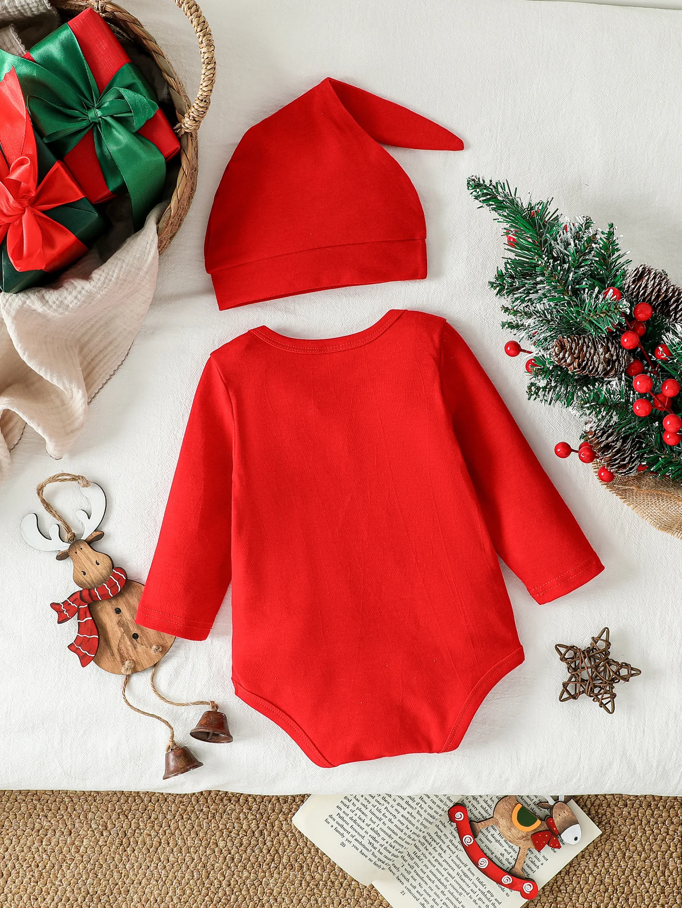 2Pcs My First Christmas Kids Red Long Sleeve Jumpsuit Fashion Toddler Baby Boy Girl Infant Outfit Clothes Cute For 0-1Y+Hat