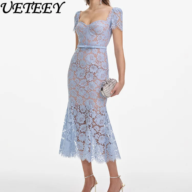 Frühling Sommer Neue Promi Temperament Elegante Square Neck Hohe Taille Dünnes Langes Kleid Spitze Kurzarm Fischschwanz Kleider