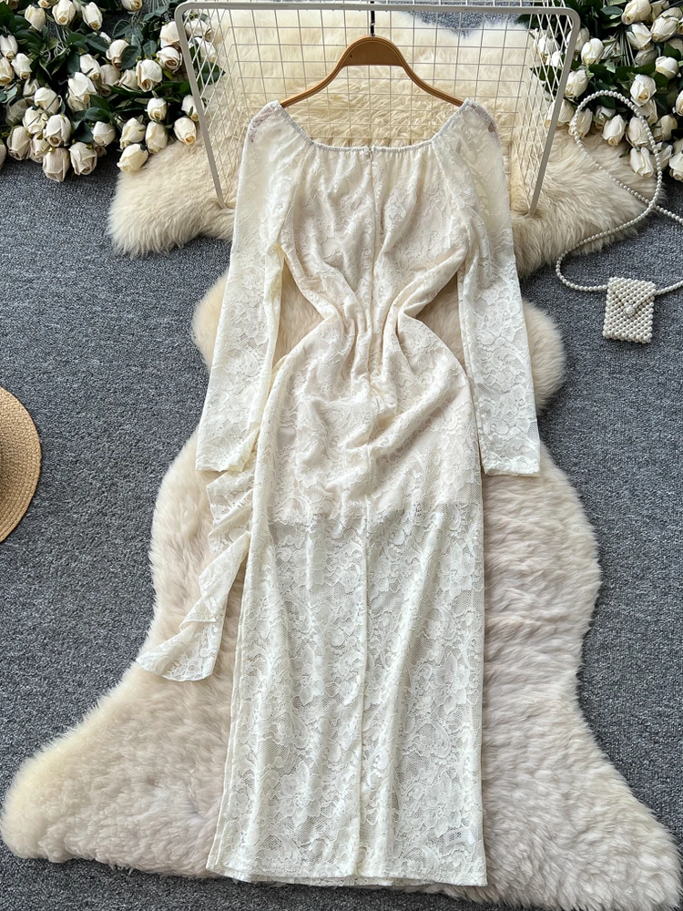 Ele Lace Long Sve Wrap Bodycon Dr. Kleid mit quadratischem Kragen für Damen, Herbst-Design, geteilter A-Linien-Rock mit hoher Taille Dr