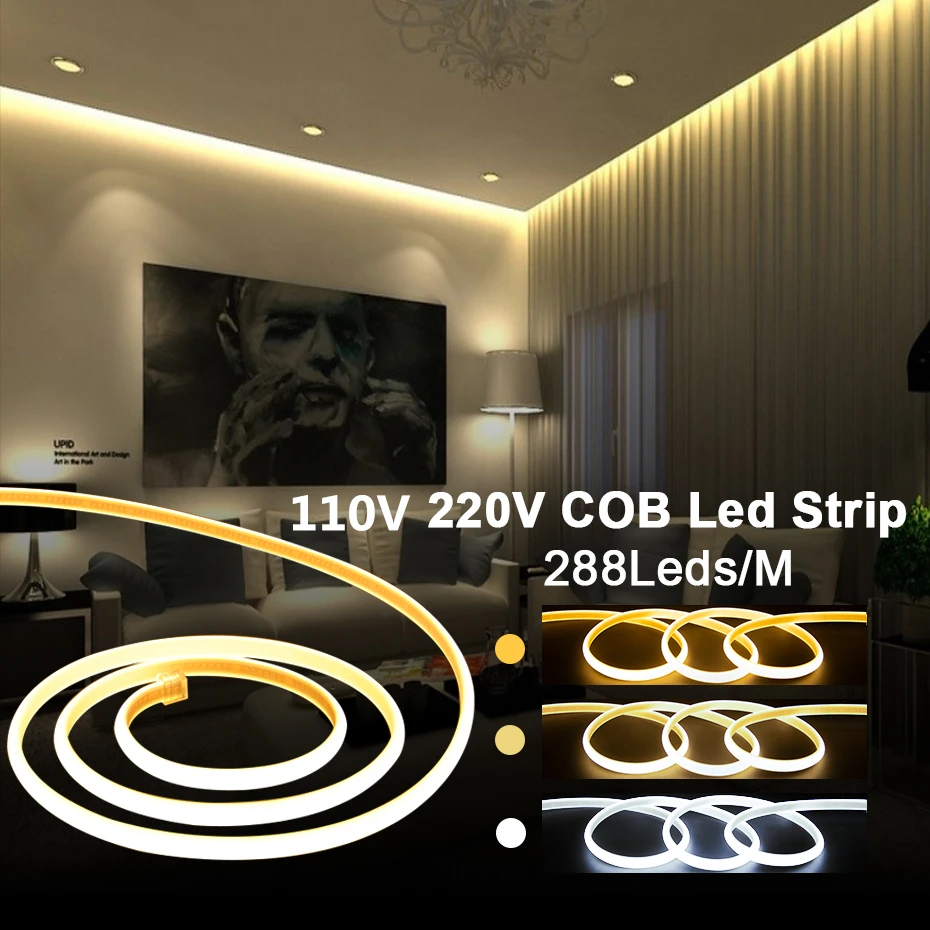 

110V 220V COB LED Strip Neon High Brightness 20m 30m 50m 288Leds/m Waterproof COB Led Light Tape Soft Flex Indoor Outdoor Decor