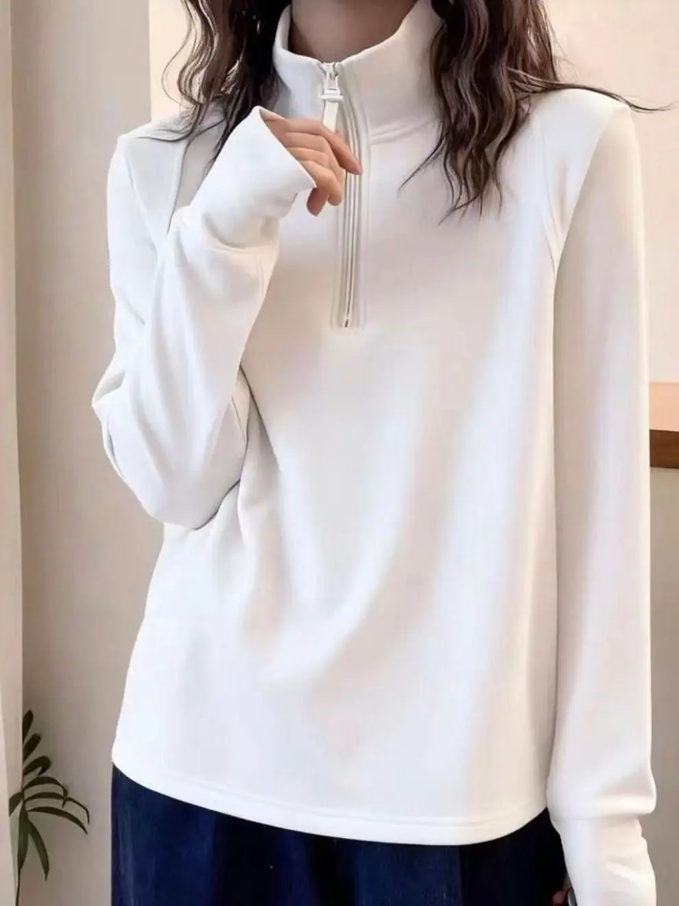 plus Size  Color German Velvet Half Zipper Stand Collar Long Sleeve T-Shirt Women's Fashion Slimming Base Shirt