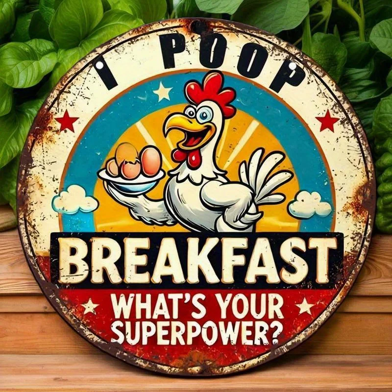 قطعة واحدة من الديك المضحك "I Poop Breakfast، WhatYour Superpower؟" علامة فكاهة معدنية - ديكور حائط عتيق من الألومنيوم مقاس 8 × 8 بوصة لحظيرة الدجاج