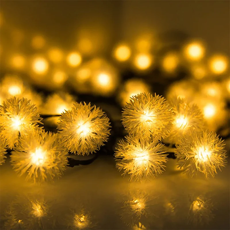 Christmas Snowball Light String LED Fairy Furry Ball Garland Lamp Solar Powered for New Year Wedding Holiday Home Party Decor