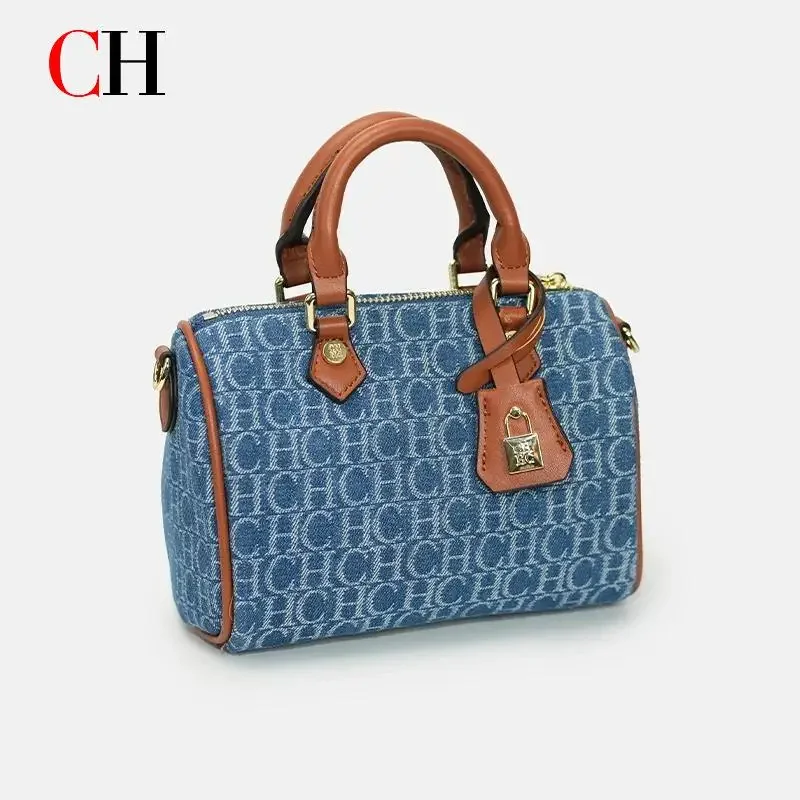CH Womens Denim Monogram Boston Bag Leather Trim Lock Detail Crossbody Handbag Fashion Top Handle Bag