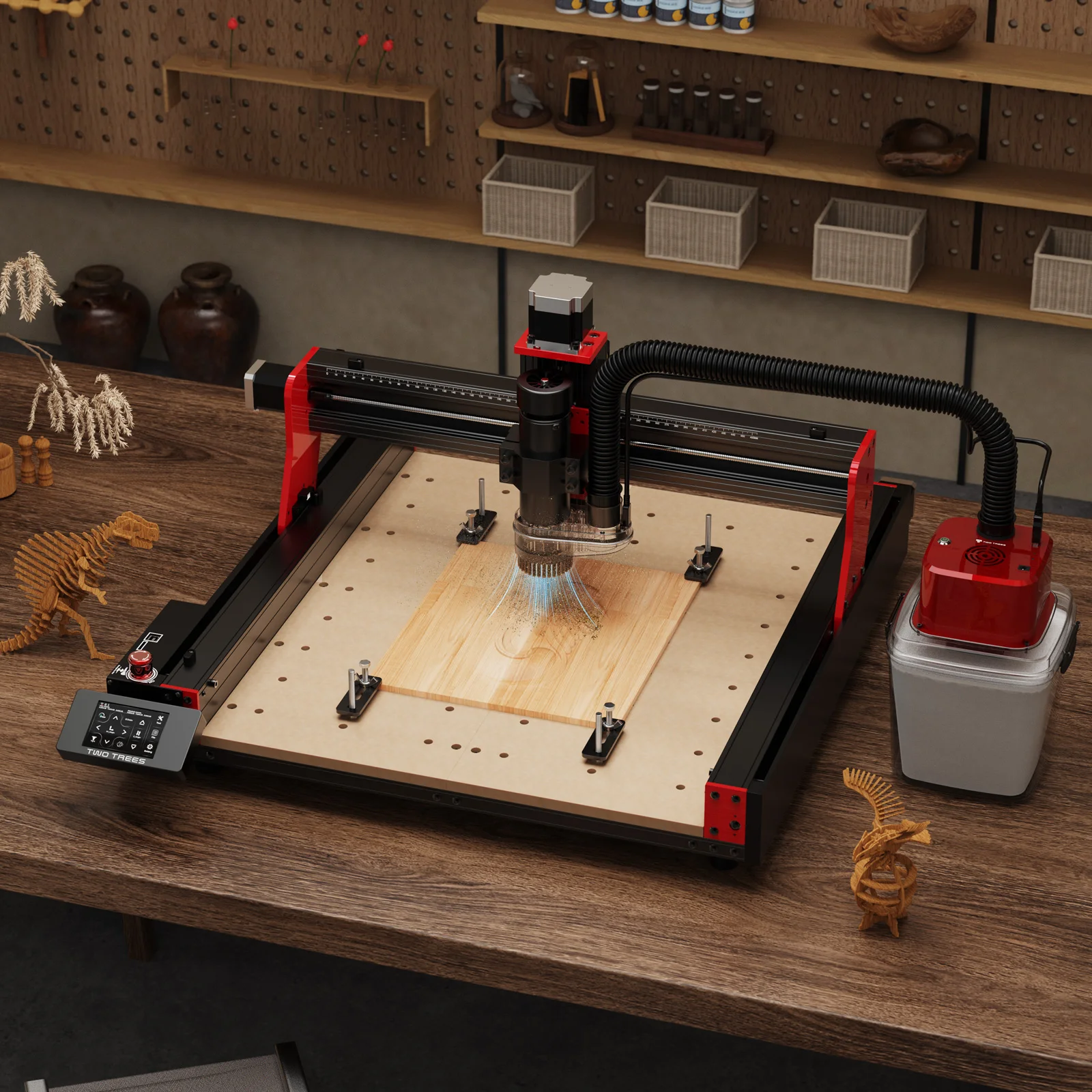 TWOTREES Máquina de grabado CNC 3018 TTC450 cubierta antipolvo de husillo 50000 RPM con arranque y parada automáticos y luz LED para máquina herramienta CNC, purificación de aire y eliminación de desechos
