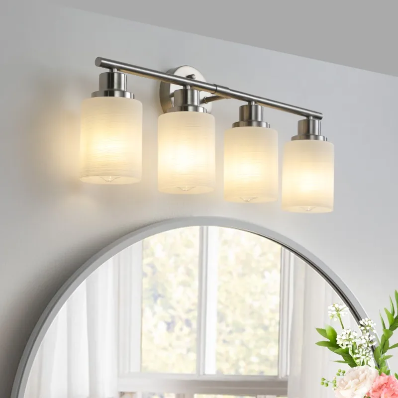 Exquisite Brushed Nickel 4-Light Vanity Wall Sconce Frosted Glass Shade Bathroom Hallway Fixture