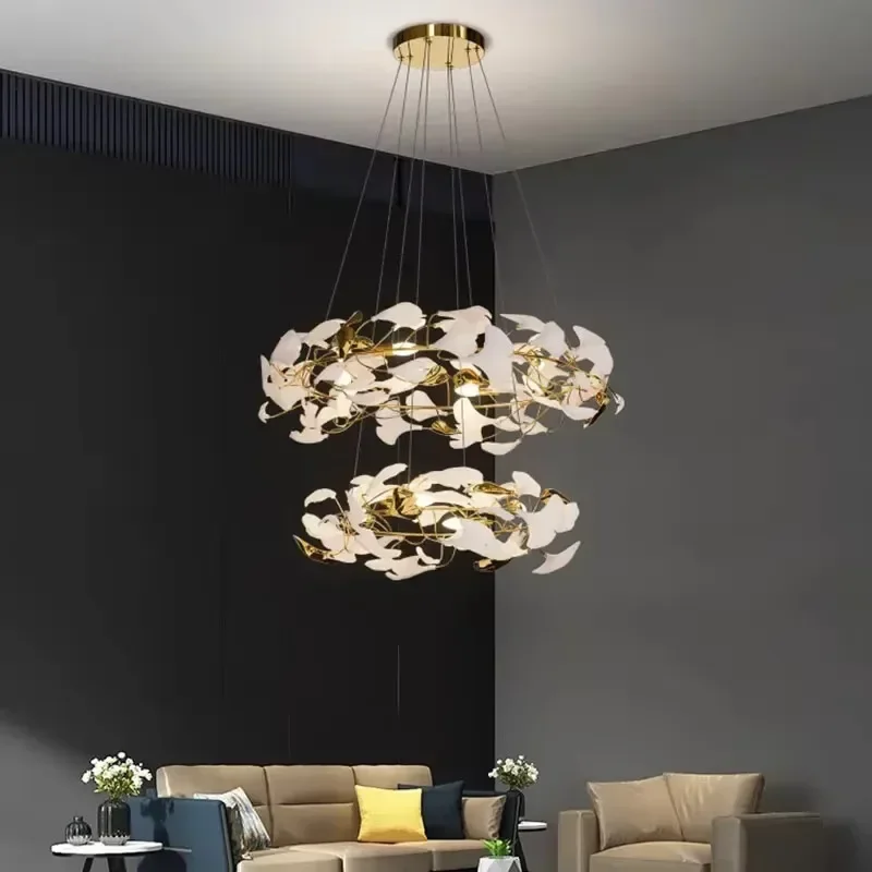 

Ginkgo Leaf Ring Hanging Chandelier For Staircase Stairway Loft Living Room Ceramic Leaf Celing Chandelier For High Ceiling