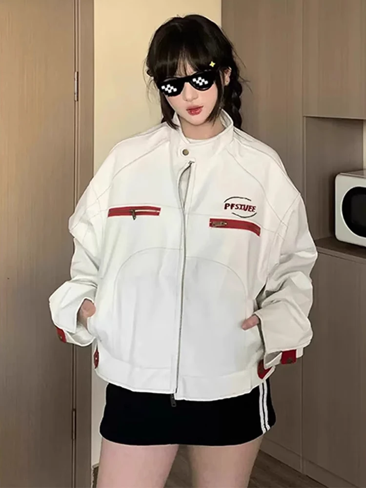 

Женская кожаная куртка Street Style в американском стиле, плотная, деконструированная, с воротником-стойкой, сексуальная, для мотоциклистов