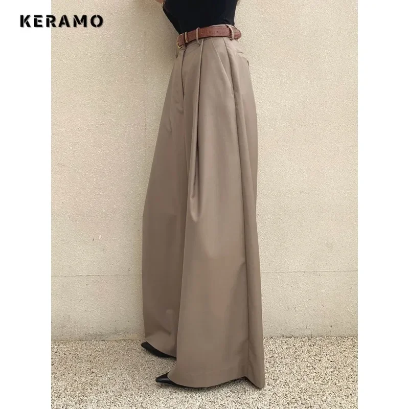 Imagem -02 - Calça Casual de Escritório Feminina Estilo Senhora Monocromática Cintura Alta Extragrande Perna Larga Retrô Calça de Comprimento Total Moda Inverno 2023