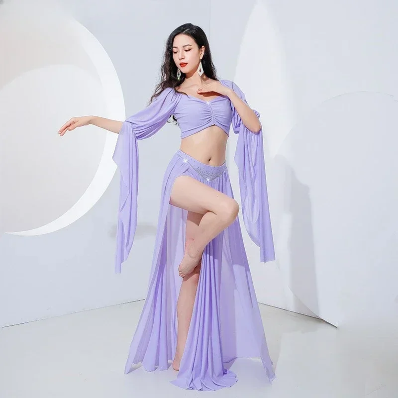 

Clothes Long Sleeve Top Gauze Skirt Sexy Side Slit Oriental Dance Woman Bellydance Costume 2 Piece Dancer Performance