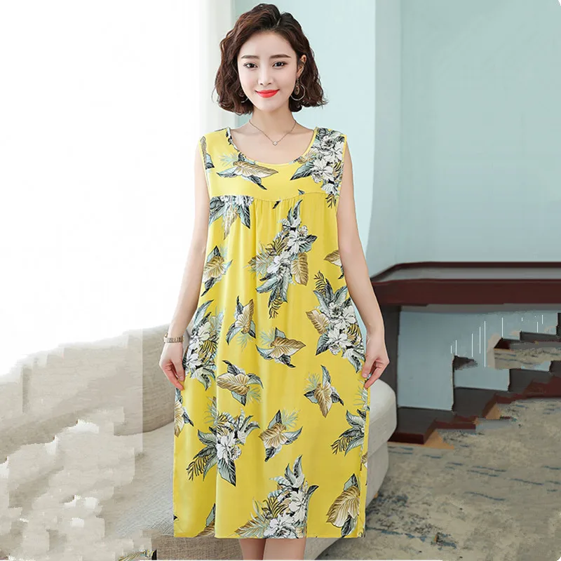 UHYTGF WomenSummer Nightdress Sleeveless Pullover Printed Cotton Silk Dress Female Middle-Aged Elderly Home Clothes Pajamas 2391