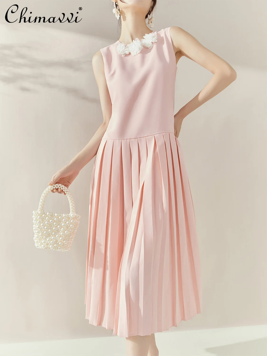 

French Sweet Gentle Elegant Socialite Summer Long Dresses 3D Flower Round Neck Sleeveless High Waist A-line Pleated Dress Women