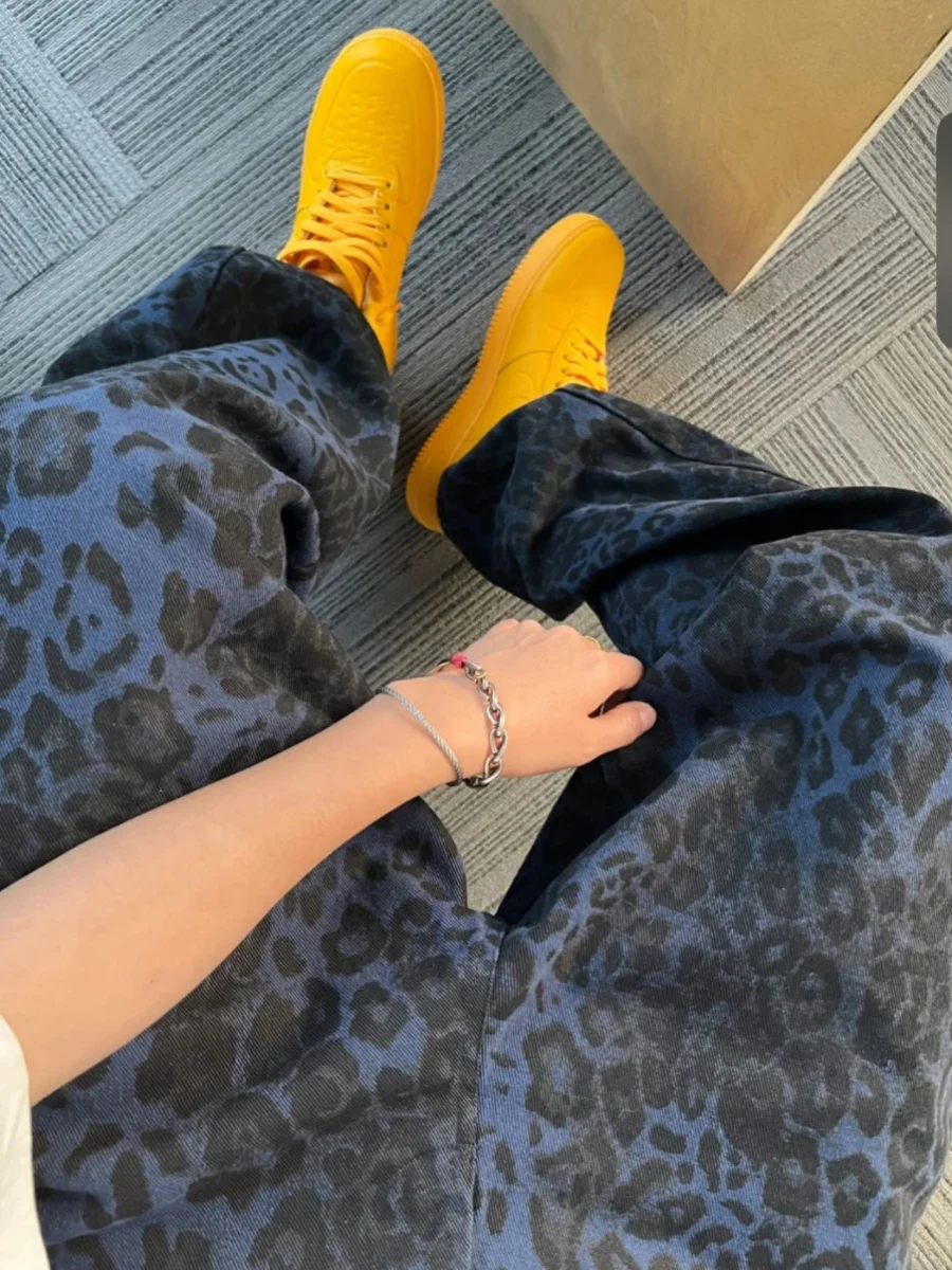 American Style High Street Men's Blue Leopard Print Denim Jeans Washed Canvas Knife  Loose Straight Leg Trendy Pants
