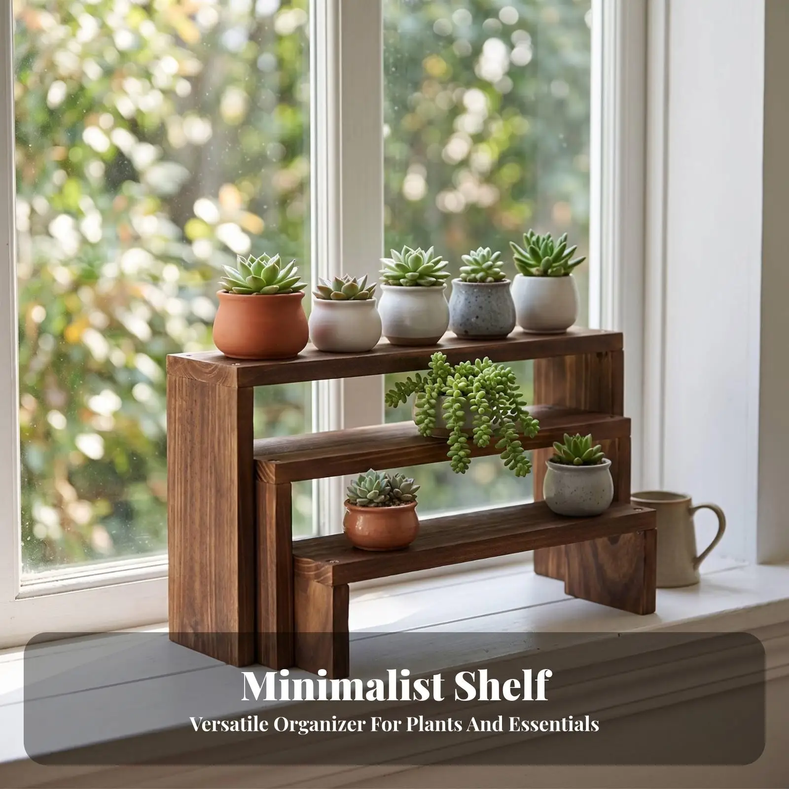 Rustic Wood Step Shelf for Indoor Plants Potted Display Rack Organizer Compact Storage Stand for Small Household Items Desk