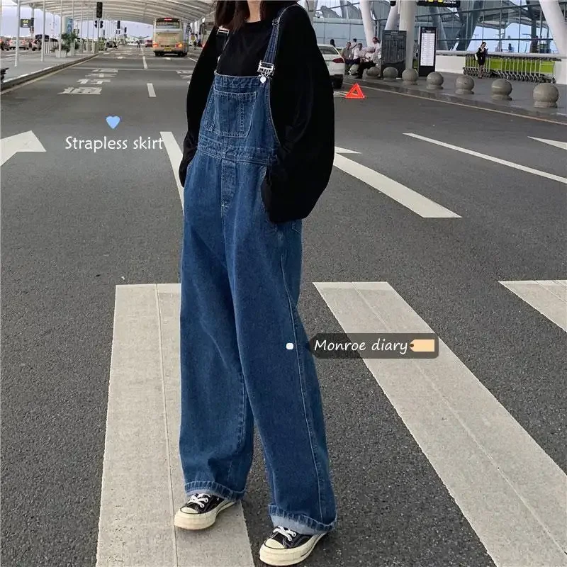 New Korean Version Minimalist Jumpsuit Denim Camisole Pants for Women Instagram Autumn Loose Casual Wide Leg Slimming Pants