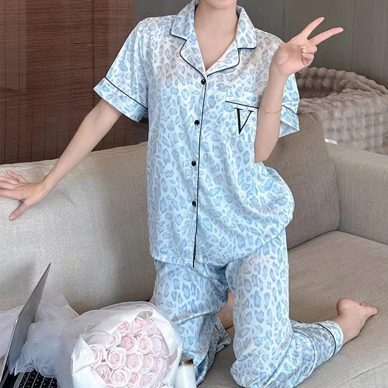 Europe & American Style Blue Leopard Women\'s 3pcs Pajamas Y2k Fashion Female Trendy Sleepwear 2024 New Autumn Casual Nightgown