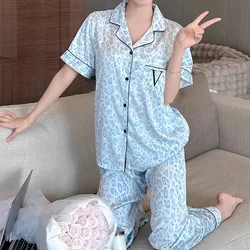 Europe & American Style Blue Leopard Women's 3pcs Pajamas Y2k Fashion Female Trendy Sleepwear 2024 New Autumn Casual Nightgown