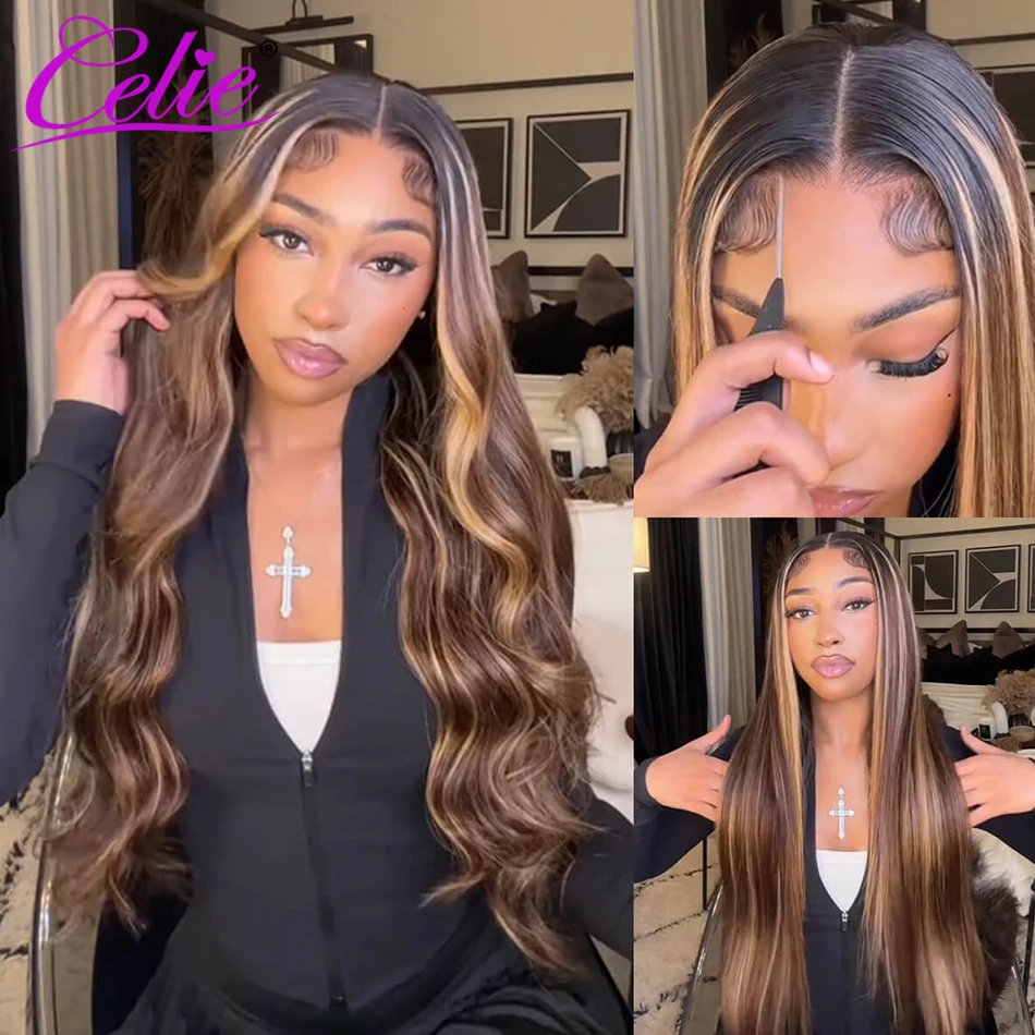 Celie 6×5 Balayage Highlight Glueless Wig Pre-bleached Knots Straight & Body Wave Wig Ready To Go Pre Plucked Human Hair Wigs